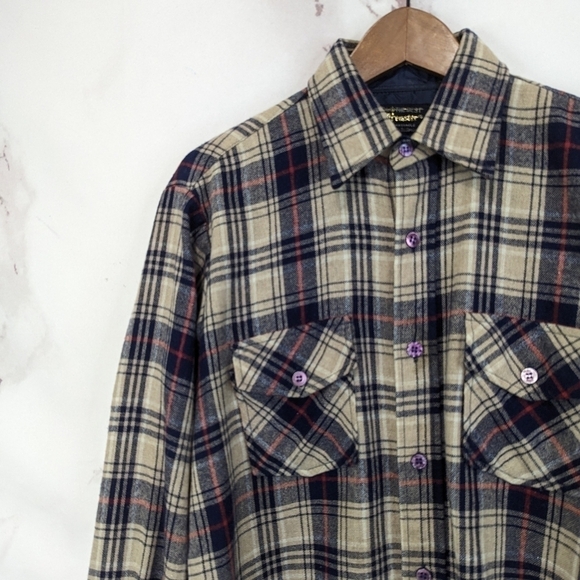 Vintage Wool Shirt Mens Medium Button Up 60's Plaid Brewster West Tan Brown Long - Picture 2 of 16